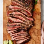 Juicy sliced Carne Asada steak with smoky char, lime, cilantro, avocado, and fresh toppings