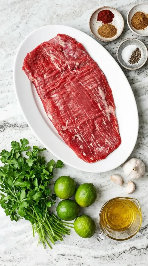 Carne Asada ingredients with flank steak, limes, cilantro, garlic, olive oil, and spices