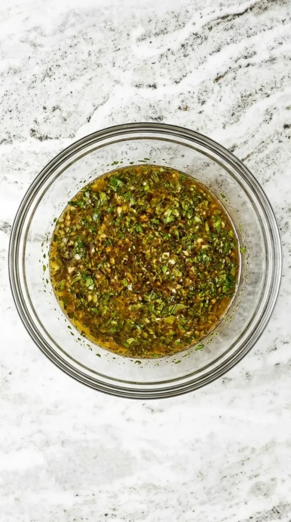 Carne Asada marinade with lime juice, cilantro, garlic, olive oil, cumin, and chili powder