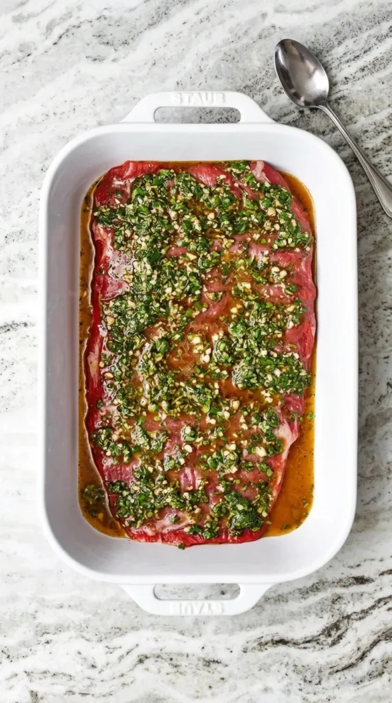 Carne Asada flank steak soaking in a fresh lime, cilantro, garlic, and spice marinade
