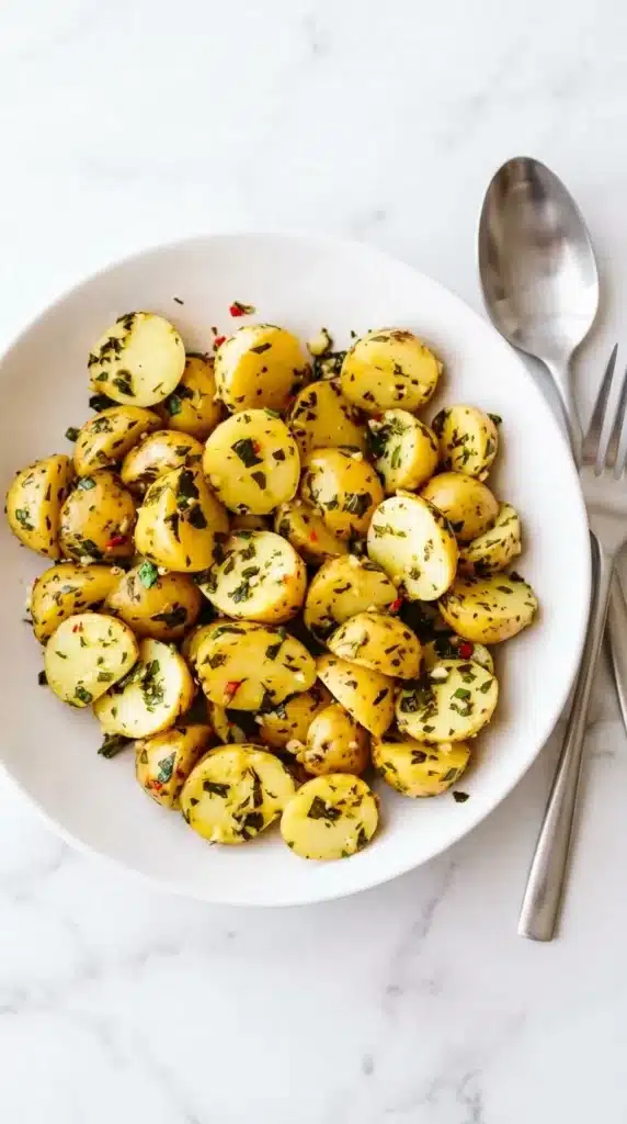 Close-up of Chimichurri Potato Salad with baby potatoes, fresh herbs, garlic, and chili