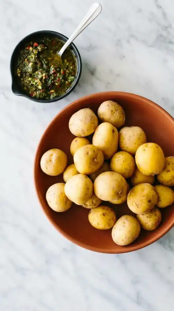 Chimichurri Potato Salad ingredients with baby potatoes and fresh chimichurri sauce