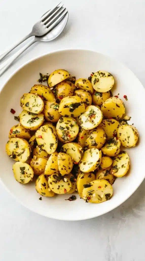 Chimichurri Potato Salad with tender baby potatoes, fresh herbs, garlic, and chili