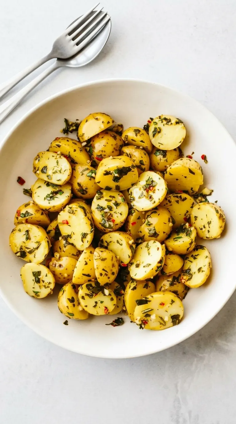 Chimichurri Potato Salad with tender baby potatoes, fresh herbs, garlic, and chili