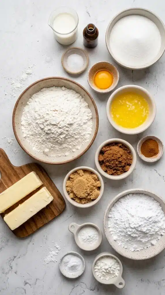 Coffee Cake Cookies Recipe With Cinnamon Streusel and Glaze 5 Coffee Cake Cookies ingredients with flour, butter, sugars, cinnamon, eggs, milk, and vanilla