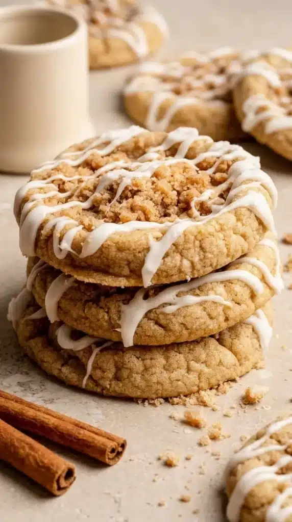Coffee Cake Cookies Recipe With Cinnamon Streusel and Glaze 6 Stacked Coffee Cake Cookies with cinnamon streusel and vanilla glaze