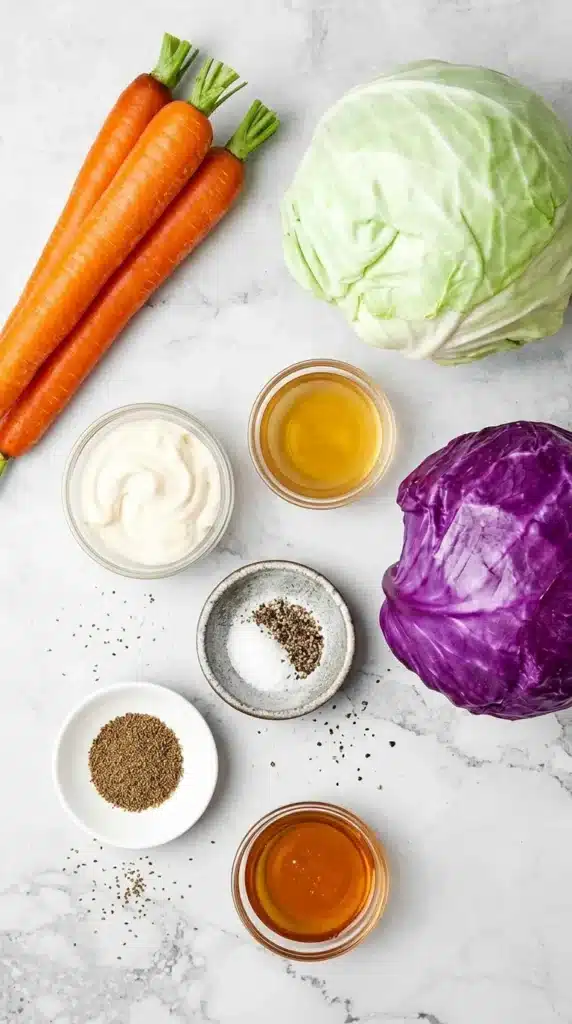 Coleslaw ingredients with cabbage, carrots, mayonnaise, honey, vinegar, and seasonings
