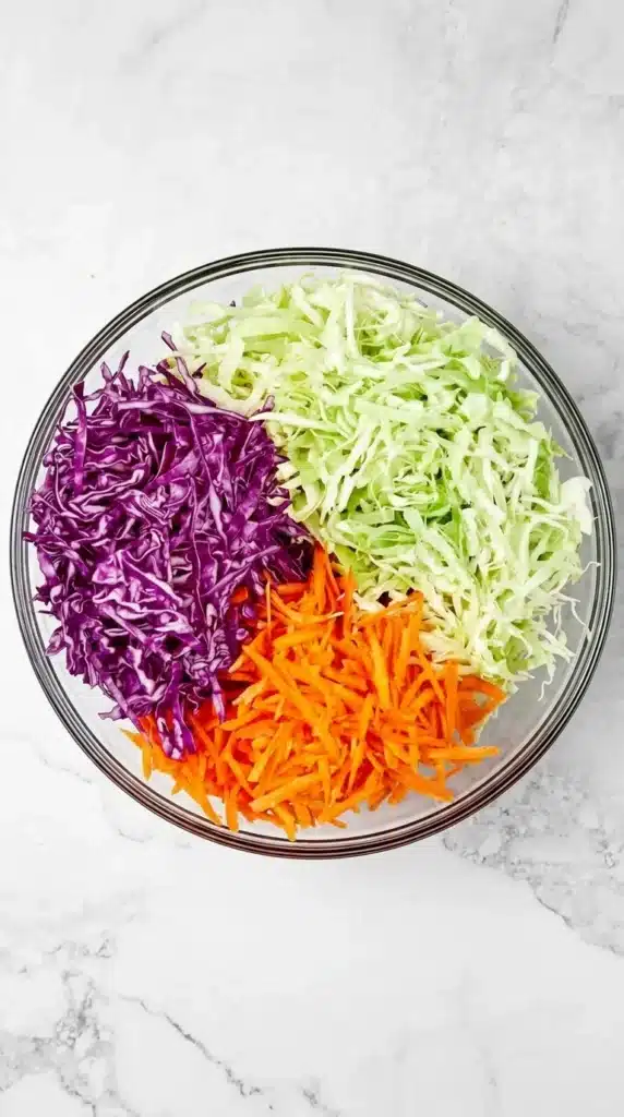 Coleslaw with shredded green cabbage, red cabbage, and grated carrots in a bowl