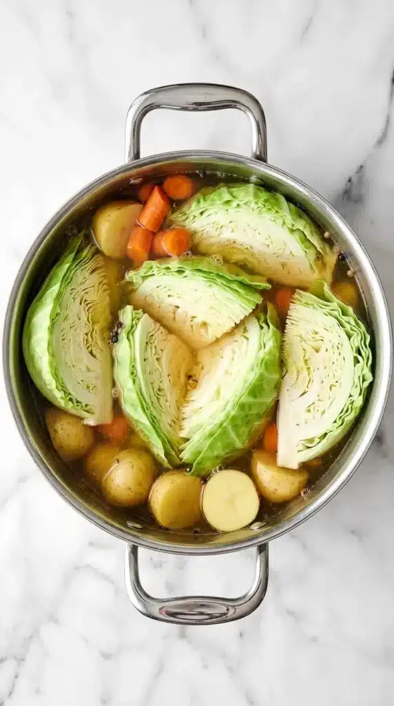 Corned Beef and Cabbage Recipe : Terrific Easy Dinner 9 Corned Beef and Cabbage cooking with green cabbage wedges, potatoes, and carrots