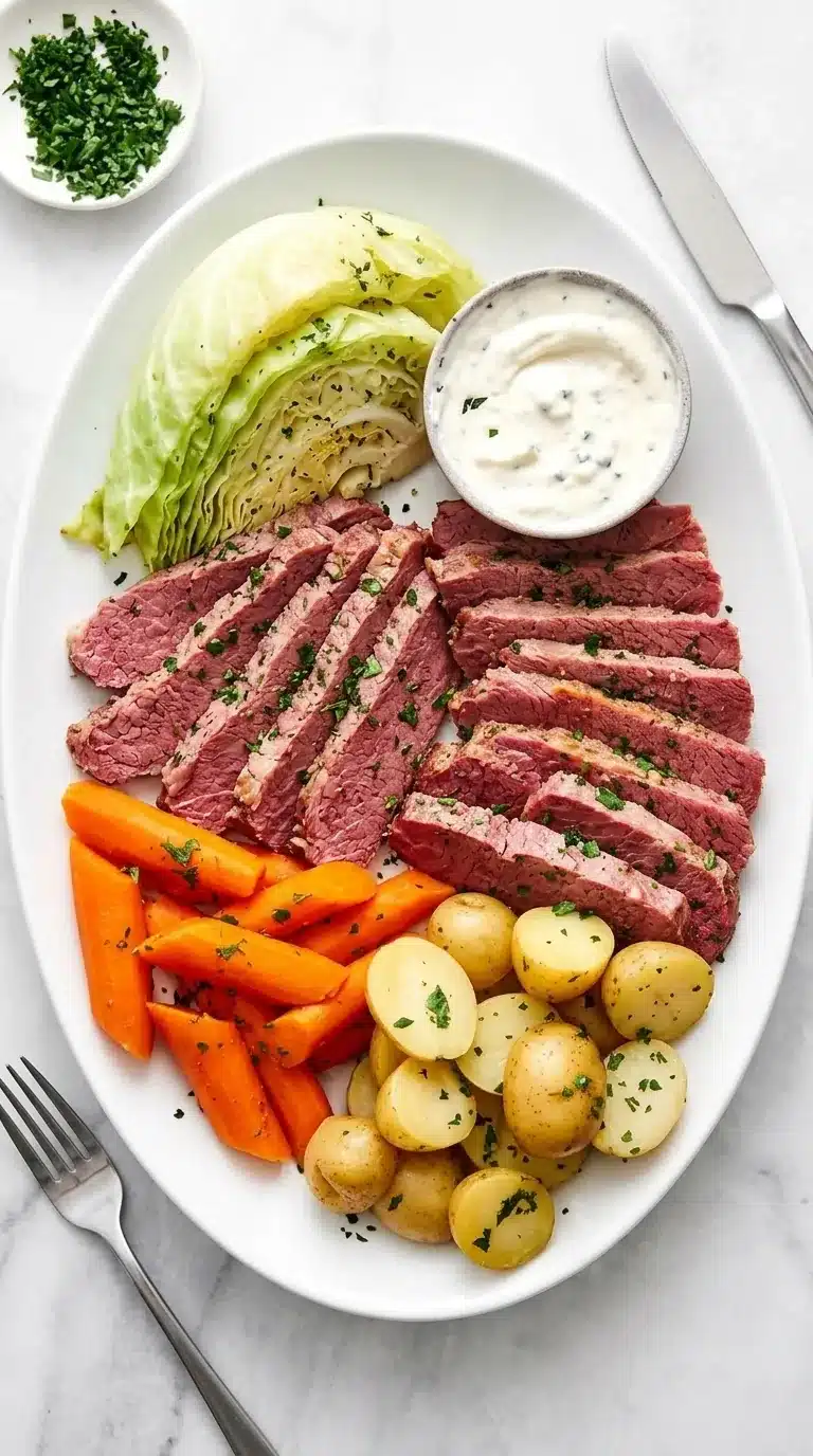 Corned Beef and Cabbage with tender brisket, carrots, baby potatoes, cabbage, and creamy sauce