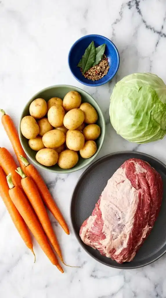 Corned Beef and Cabbage Recipe : Terrific Easy Dinner 7 Corned Beef and Cabbage ingredients with brisket, potatoes, carrots, cabbage, and spices