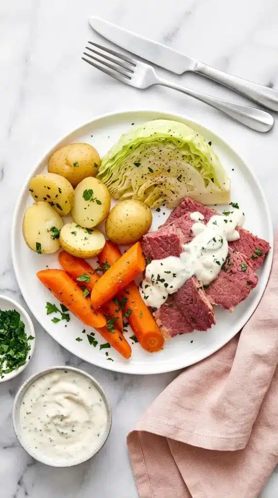 Corned Beef and Cabbage Recipe : Terrific Easy Dinner 10 Corned Beef and Cabbage with sliced brisket, potatoes, carrots, cabbage, and creamy sauce