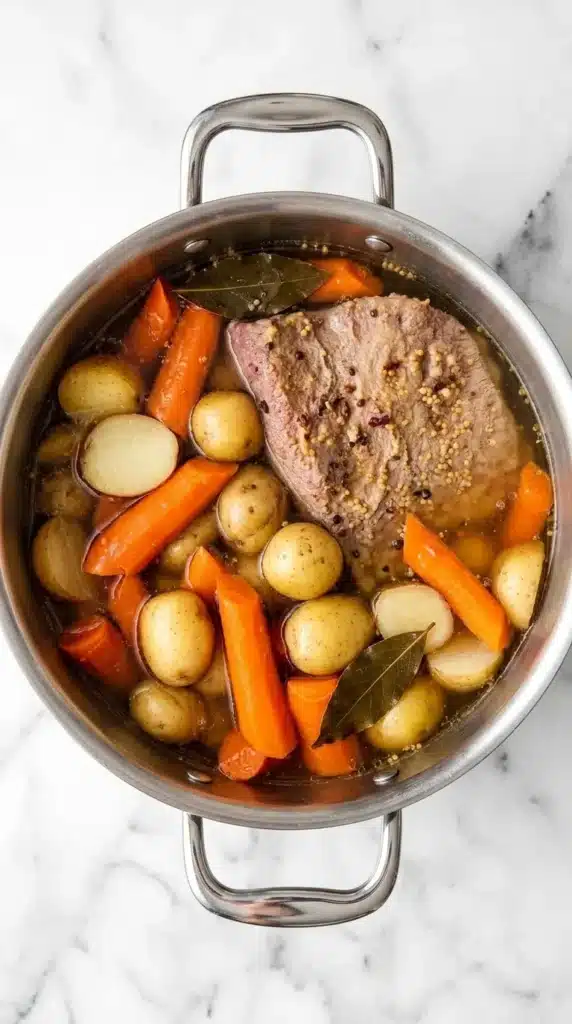 Corned Beef and Cabbage Recipe : Terrific Easy Dinner 8 Corned Beef and Cabbage brisket simmering with baby potatoes and carrots
