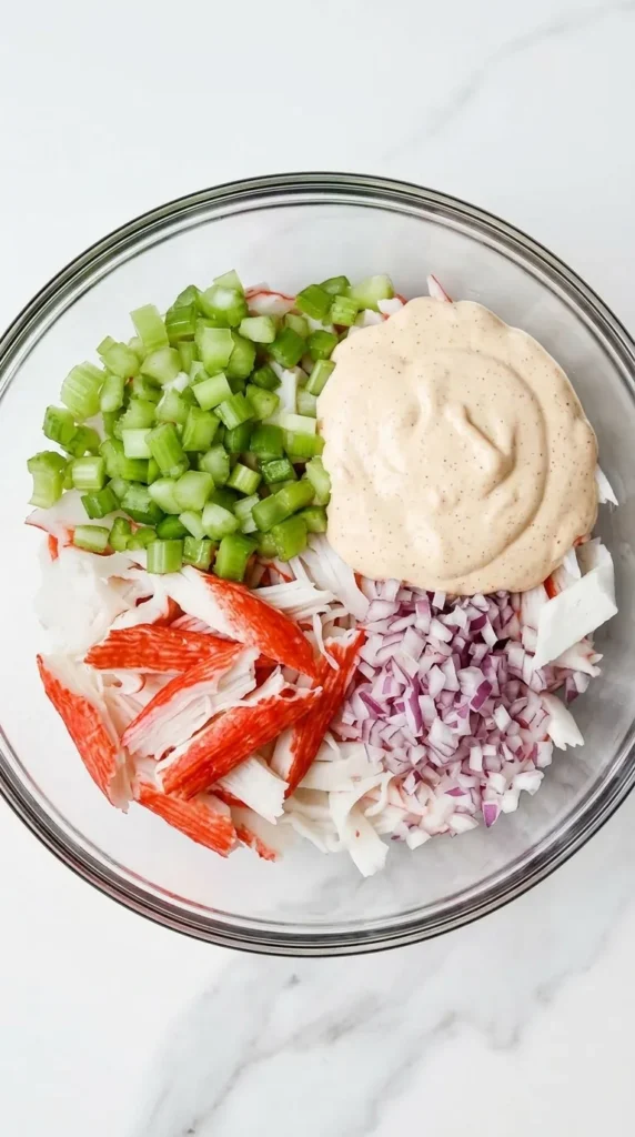 Healthy Crab Salad : Quick and Creamy 25 Minute Lunch Recipe 7 Crab Salad with crab, celery, shallot, and creamy dressing ready to mix