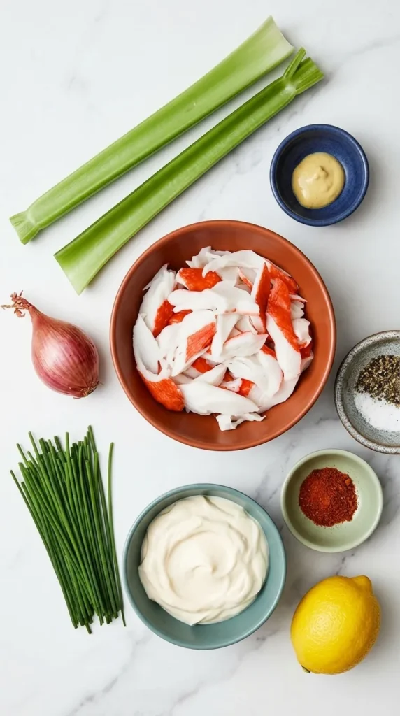 Healthy Crab Salad : Quick and Creamy 25 Minute Lunch Recipe 6 Crab Salad ingredients with crab meat, celery, lemon, shallot, chives, mayonnaise, and Dijon mustard