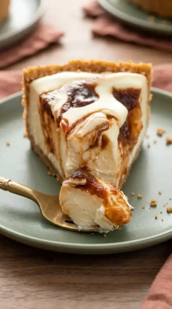 Creamy Apple Butter Cheesecake slice with apple butter swirls and cinnamon graham crust