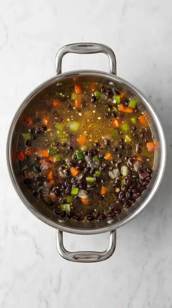 Creamy Black Bean Soup topped with avocado, red onion, cilantro, and fresh lime
