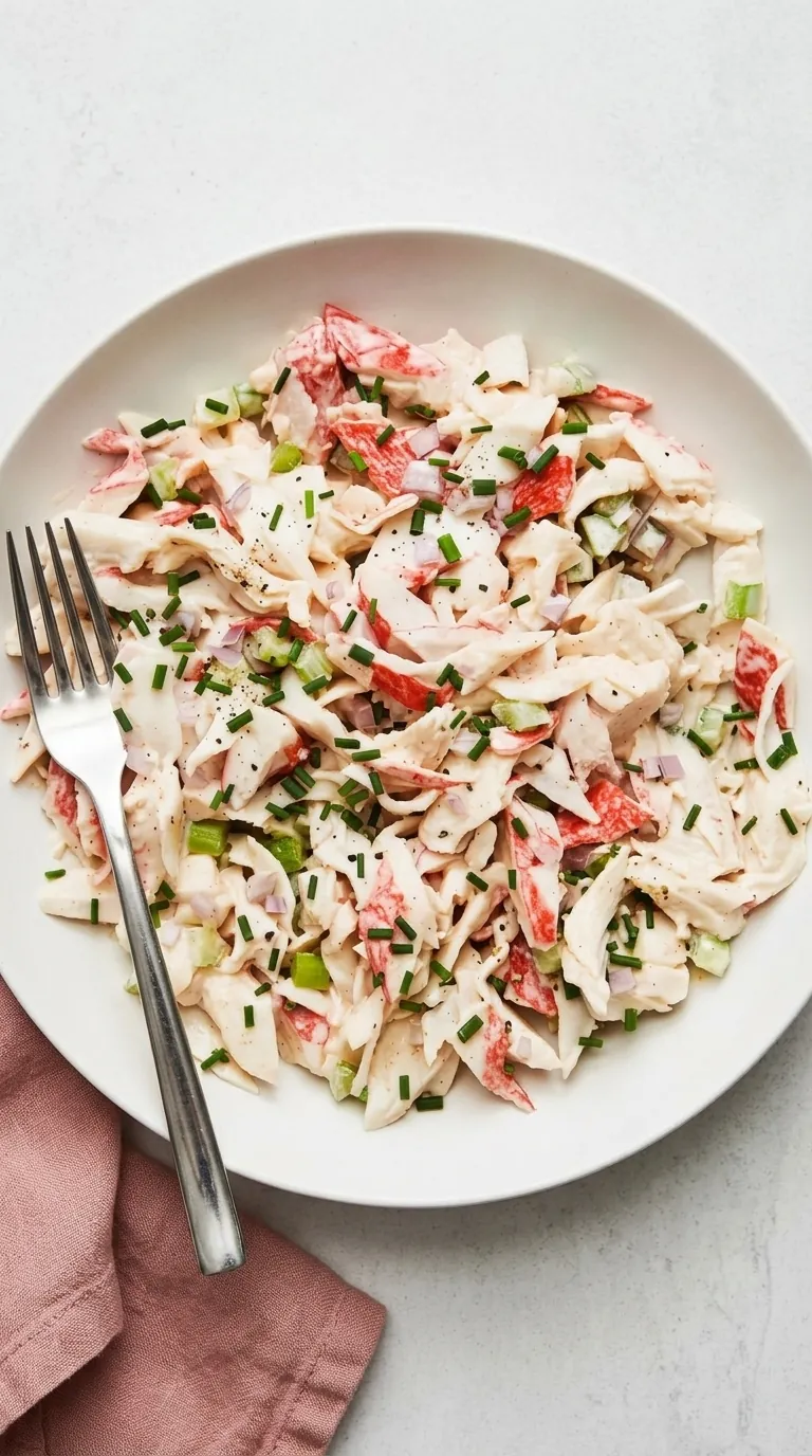 "Creamy Crab Salad with tender crab, crisp celery, shallot, chives, and lemon Dijon dressing"