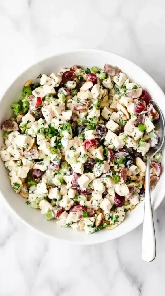 Easy Chicken Salad with grapes, toasted almonds, celery, fresh herbs, and creamy dressing
