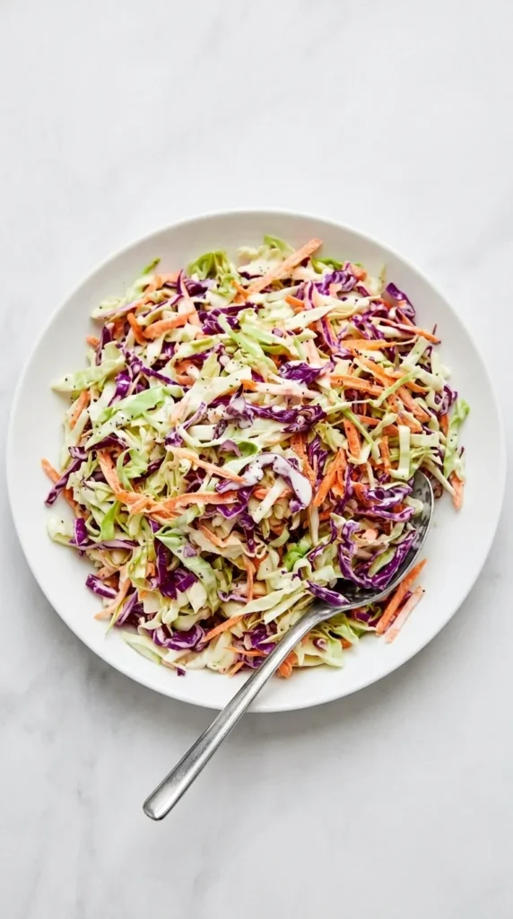 Creamy coleslaw with crisp green cabbage, red cabbage, carrots, and tangy dressing