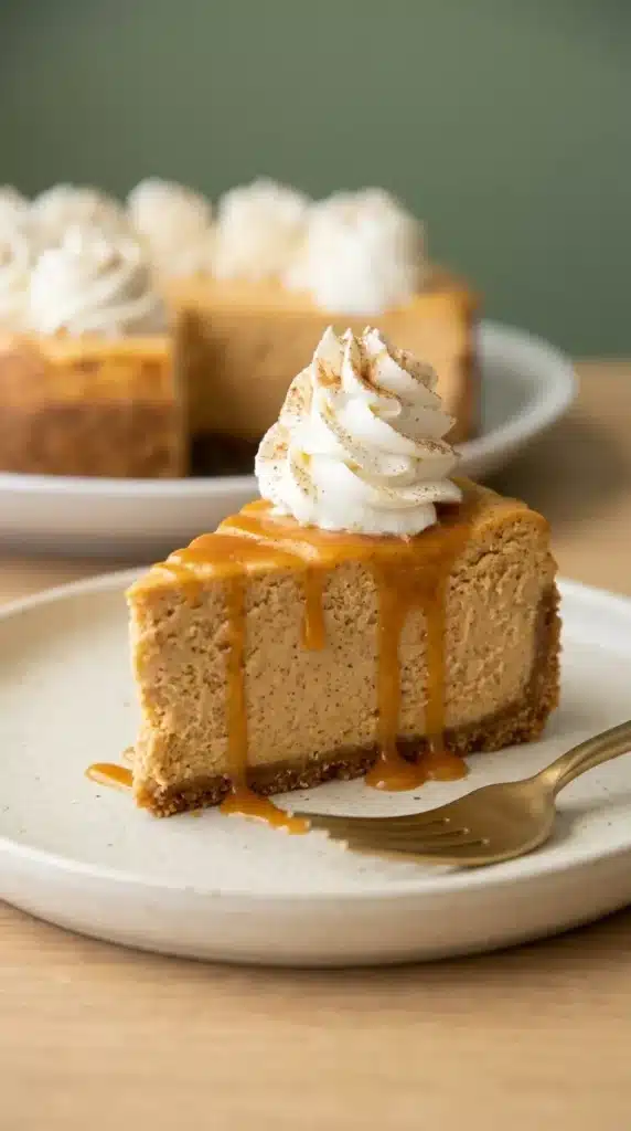 Pumpkin Cheesecake Recipe : Amazing Rich Thanksgiving Feast 2 Pumpkin Cheesecake slice with creamy filling, whipped cream, caramel, and graham cracker crust