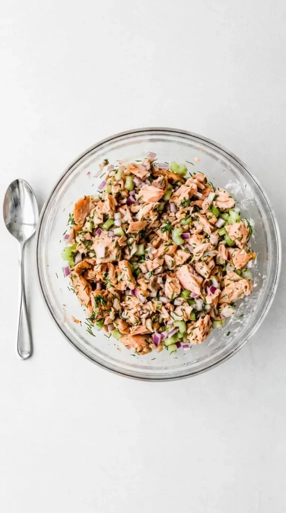 Salmon Salad gently mixed with flaky salmon, crisp vegetables, herbs, and creamy dressing