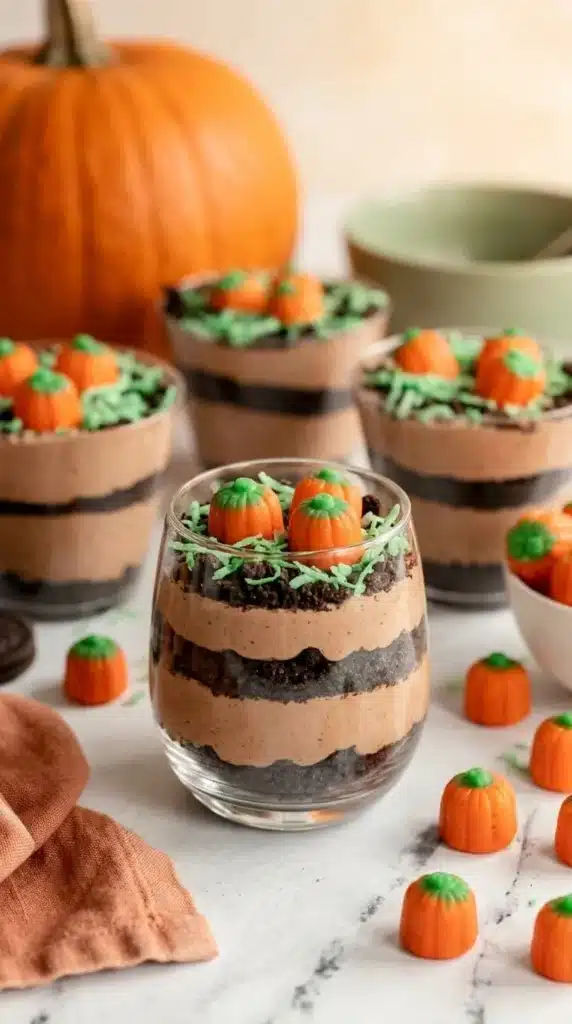 Pumpkin Dirt Cups Recipe : Amazing Easy Thanksgiving Treat 7 Pumpkin Dirt Cups topped with Oreo crumbs, green coconut grass, and orange candy pumpkins