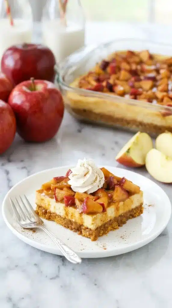 Easy Caramel Apple Cheesecake Recipe : Amazing Fall Dessert 6 Easy Caramel Apple Cheesecake slice with spiced apples, caramel sauce, and whipped cream