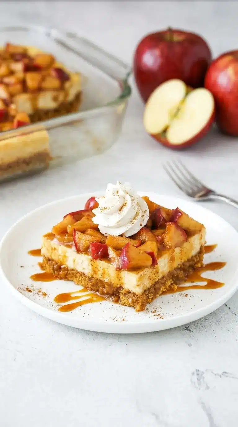 Easy Caramel Apple Cheesecake with spiced apples, caramel sauce, and cinnamon whipped cream