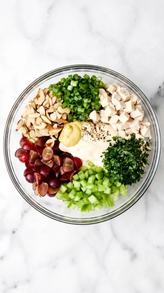 Easy Chicken Salad ingredients with chicken, grapes, celery, almonds, herbs, and creamy dressing