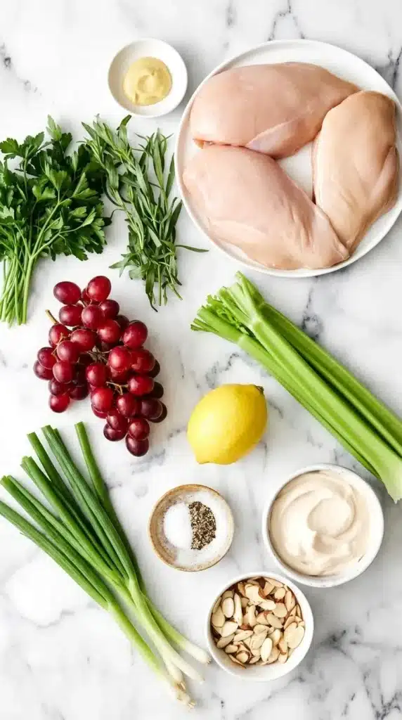 Easy Chicken Salad ingredients with chicken, grapes, celery, almonds, lemon, mayonnaise, and fresh herbs