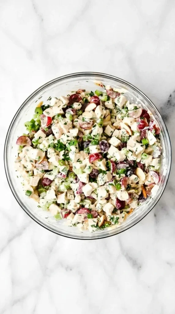 Easy Chicken Salad with grapes, celery, toasted almonds, herbs, and creamy lemon Dijon dressing