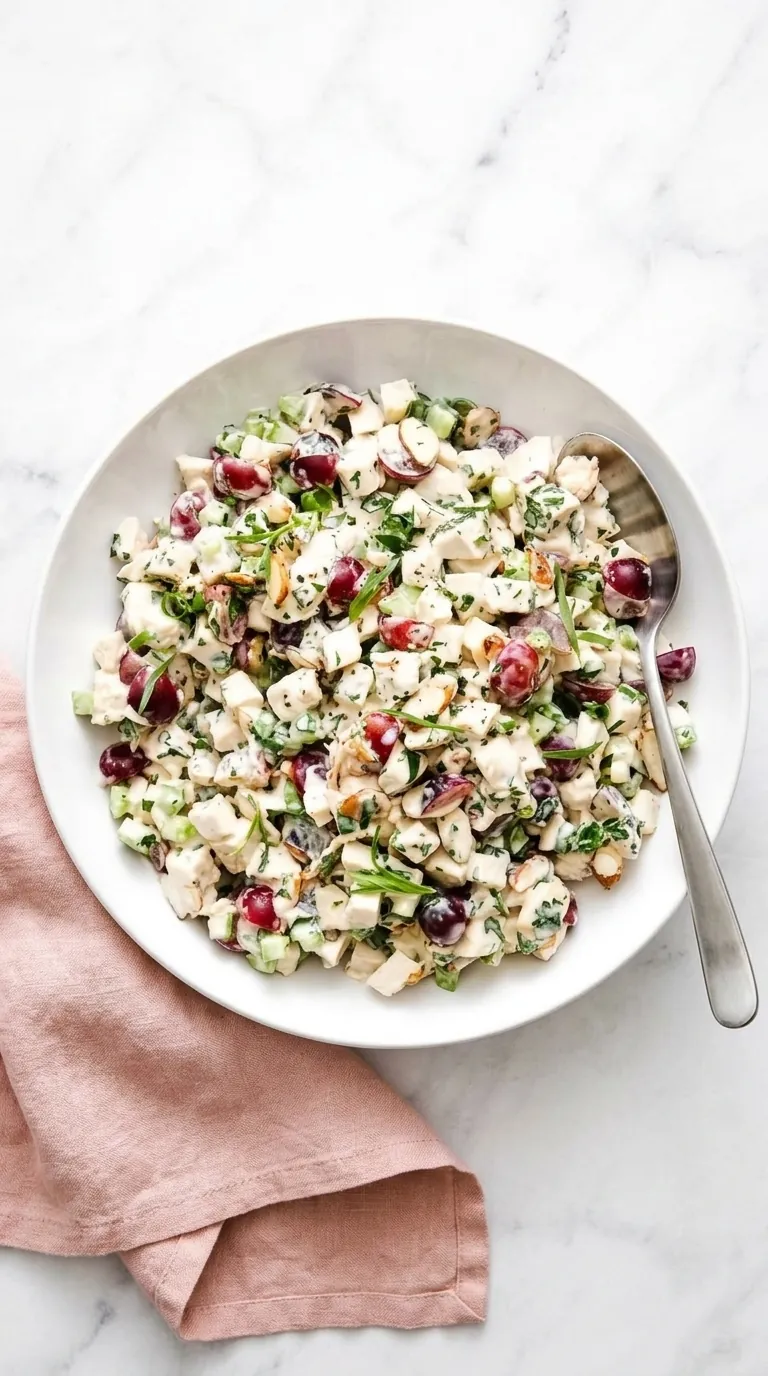 Easy Chicken Salad with grapes, celery, toasted almonds, fresh herbs, and creamy Dijon dressing