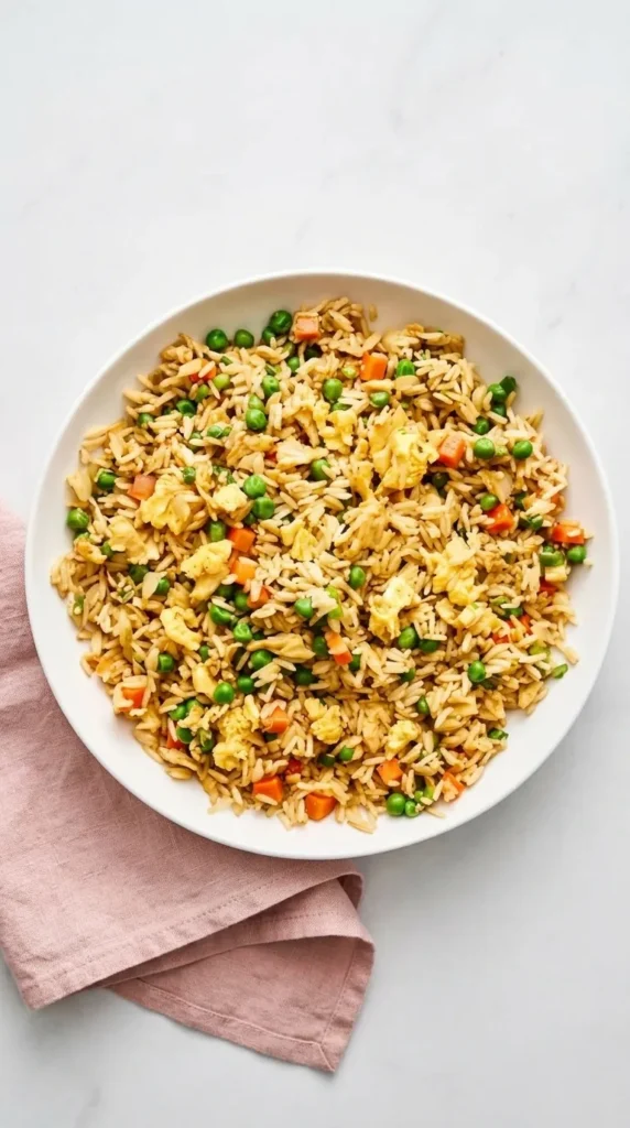 Chinese-style fried rice with eggs, peas, carrots, and green onions in a ceramic bowl.