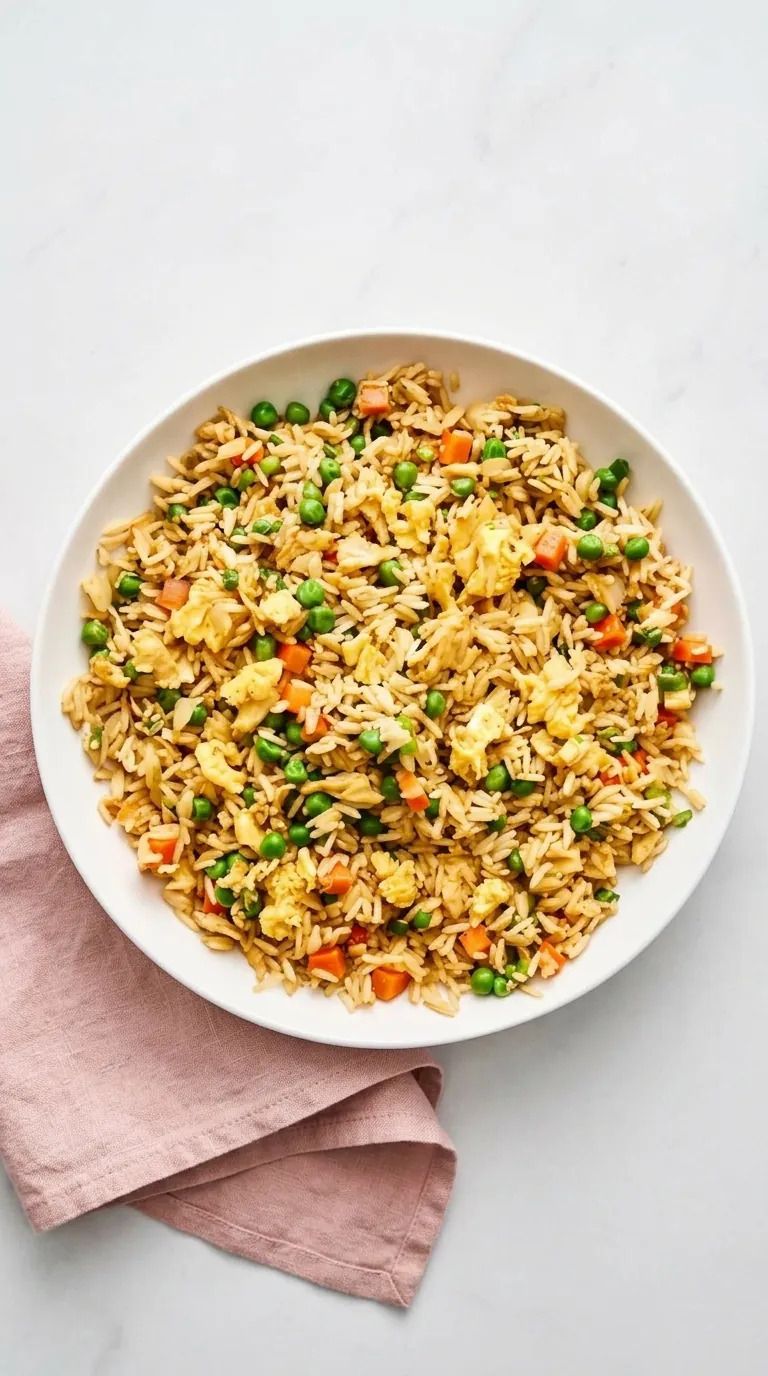 Chinese-style fried rice with eggs, peas, carrots, and green onions in a ceramic bowl.