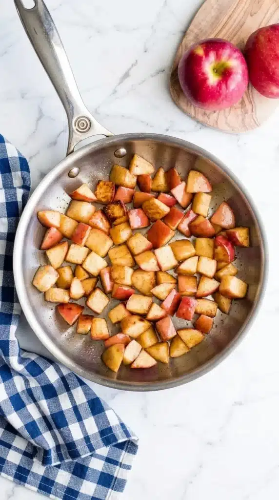 Easy Cinnamon Apples Recipe : Amazing Quick Comfort 7 Easy Cinnamon Apples cooking in a skillet with maple cinnamon glaze and lightly caramelized edges