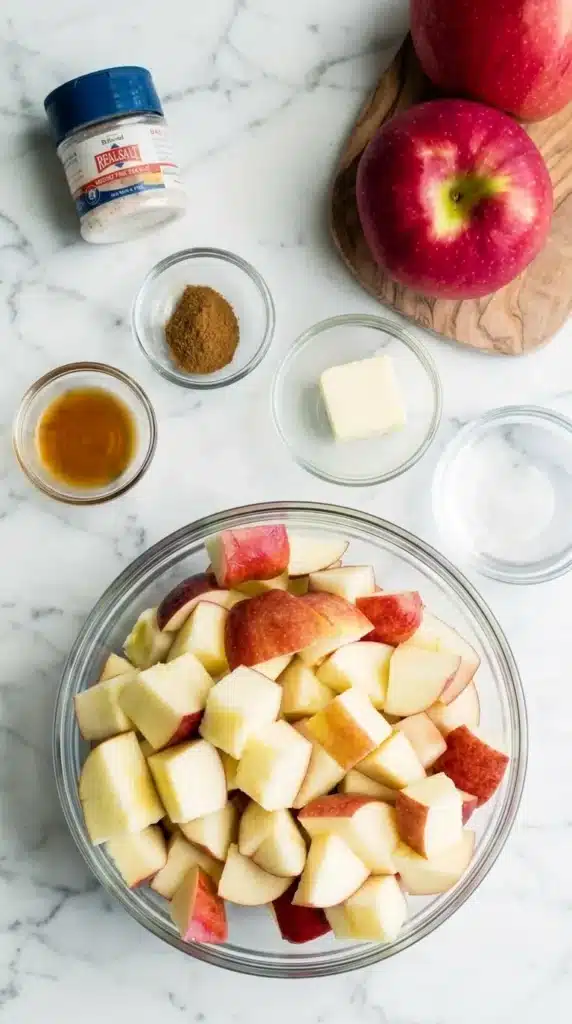Easy Cinnamon Apples Recipe : Amazing Quick Comfort 6 Easy Cinnamon Apples ingredients with apples, cinnamon, maple syrup, butter, vanilla, salt, and water