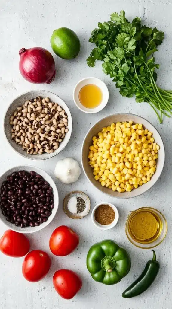Easy Cowboy Caviar : Fresh, Flavorful, and Ready in 15 Minutes 7 Easy Cowboy Caviar ingredients with beans, corn, tomatoes, avocado, peppers, cilantro, and lime