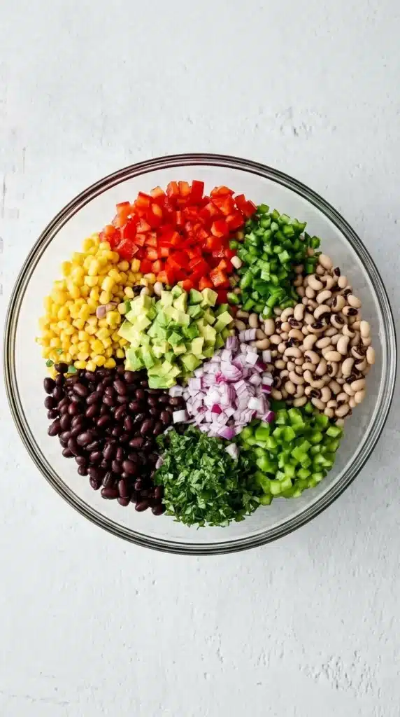 Easy Cowboy Caviar : Fresh, Flavorful, and Ready in 15 Minutes 8 Easy Cowboy Caviar ingredients with beans, corn, avocado, tomatoes, peppers, onion, and cilantro
