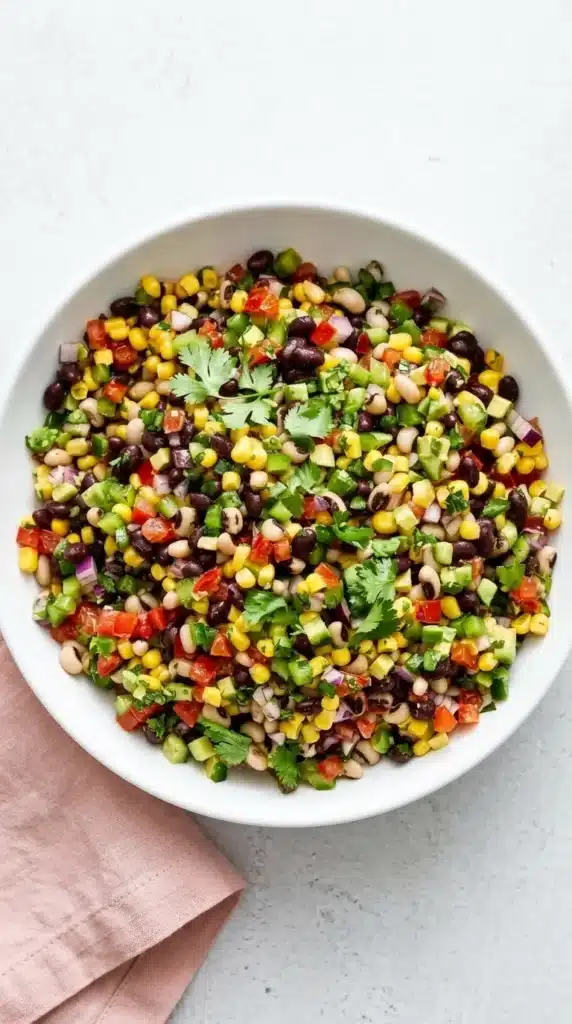 Easy Cowboy Caviar with black beans, corn, avocado, tomatoes, peppers, and fresh cilantro