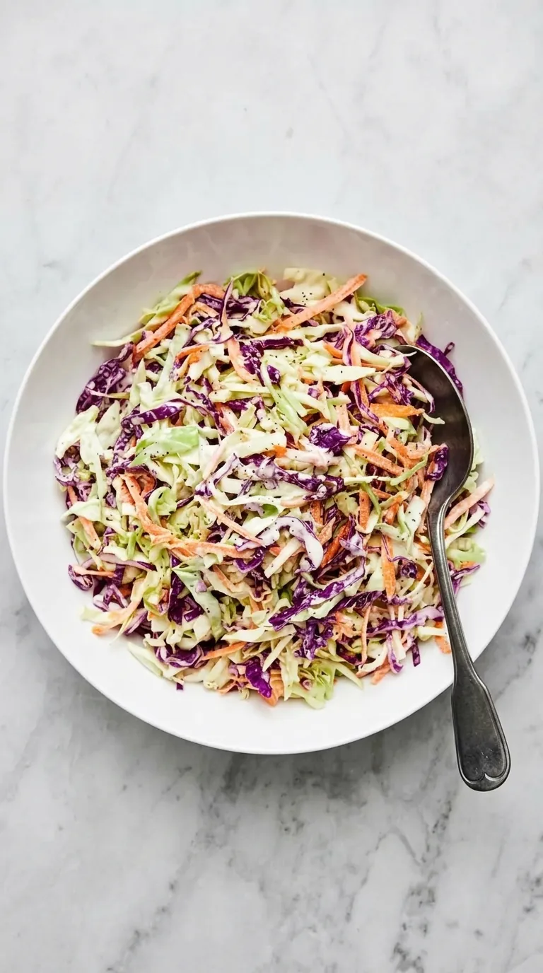 Homemade coleslaw with crisp cabbage, carrots, and creamy tangy dressing