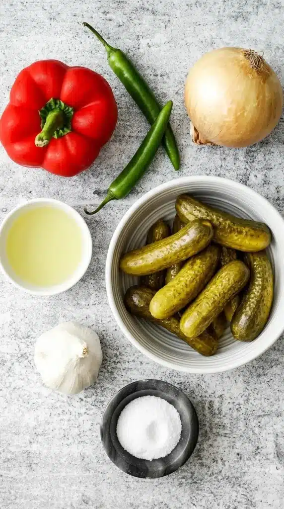 Easy Pickle de Gallo Recipe With Crisp Dill Pickles 7 Easy Pickle de Gallo ingredients with dill pickles, bell pepper, onion, garlic, serrano, and brine