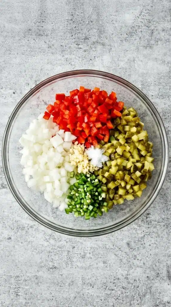 Easy Pickle de Gallo Recipe With Crisp Dill Pickles 8 Easy Pickle de Gallo ingredients in a bowl with pickle brine ready to mix