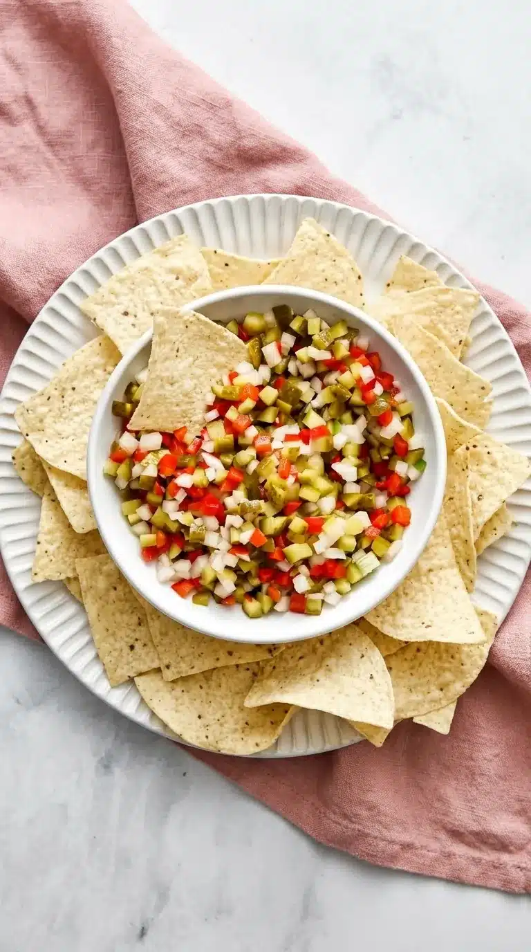 Easy Pickle de Gallo with crisp dill pickles, red pepper, onion, and tortilla chips