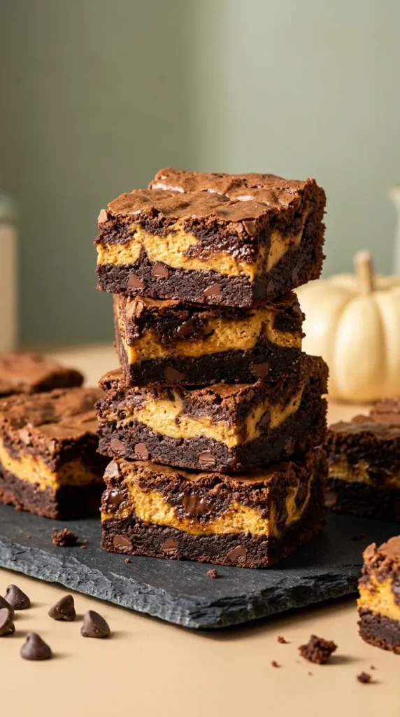 Easy Pumpkin Brownies with Pumpkin Cheesecake Swirl 5 Easy Pumpkin Brownies stacked with creamy pumpkin cheesecake swirls and chocolate chips