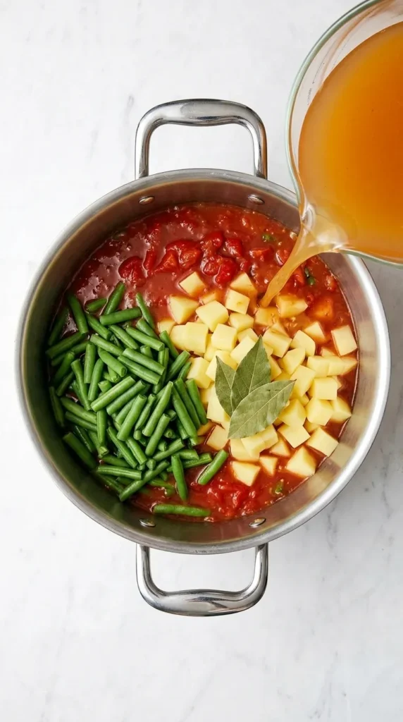 Easy Vegetable Soup Recipe : Simple, Happy Comfort 8 Pouring vegetable broth over potatoes and green beans for Easy Vegetable Soup