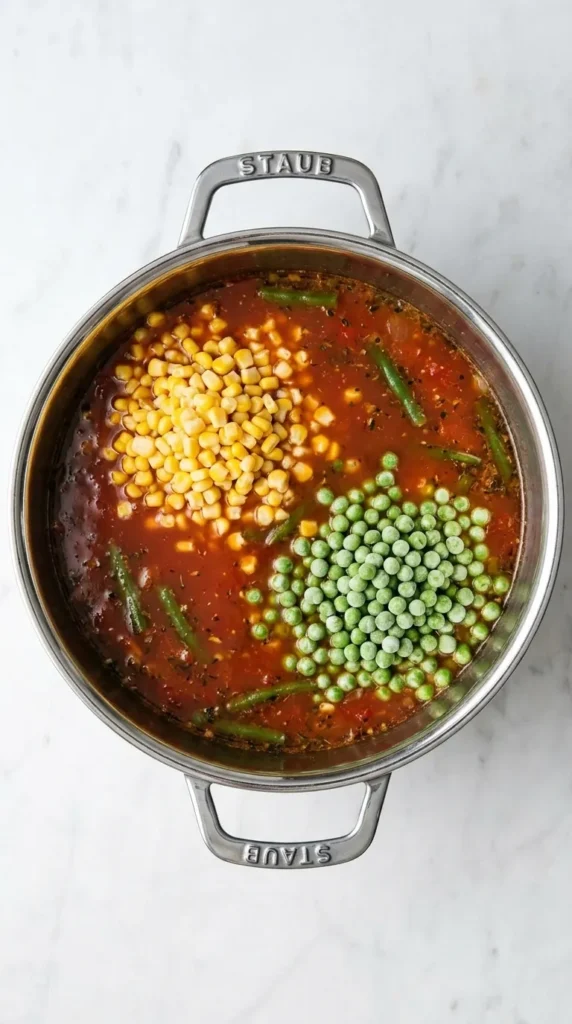 Easy Vegetable Soup Recipe : Simple, Happy Comfort 9 Frozen corn and peas added to Easy Vegetable Soup during cooking