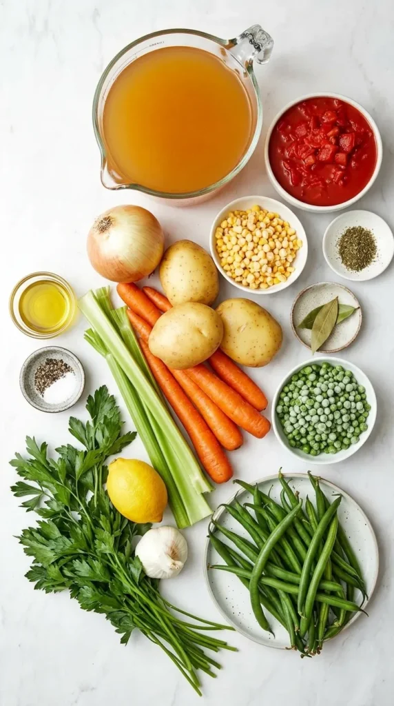 Easy Vegetable Soup Recipe : Simple, Happy Comfort 7 Easy Vegetable Soup ingredients with fresh vegetables, broth, tomatoes, herbs, corn, and peas