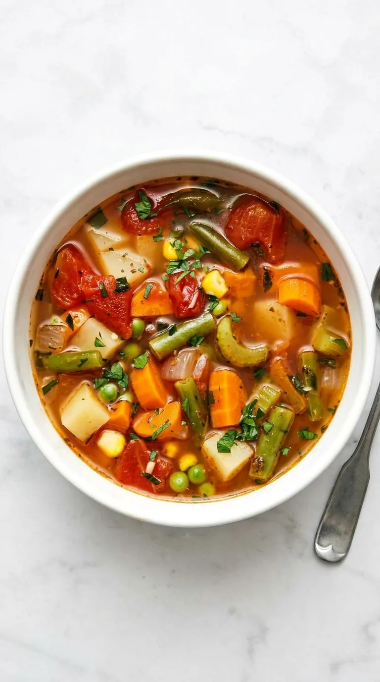Easy Vegetable Soup with carrots, potatoes, green beans, tomatoes, corn, peas, and fresh parsley