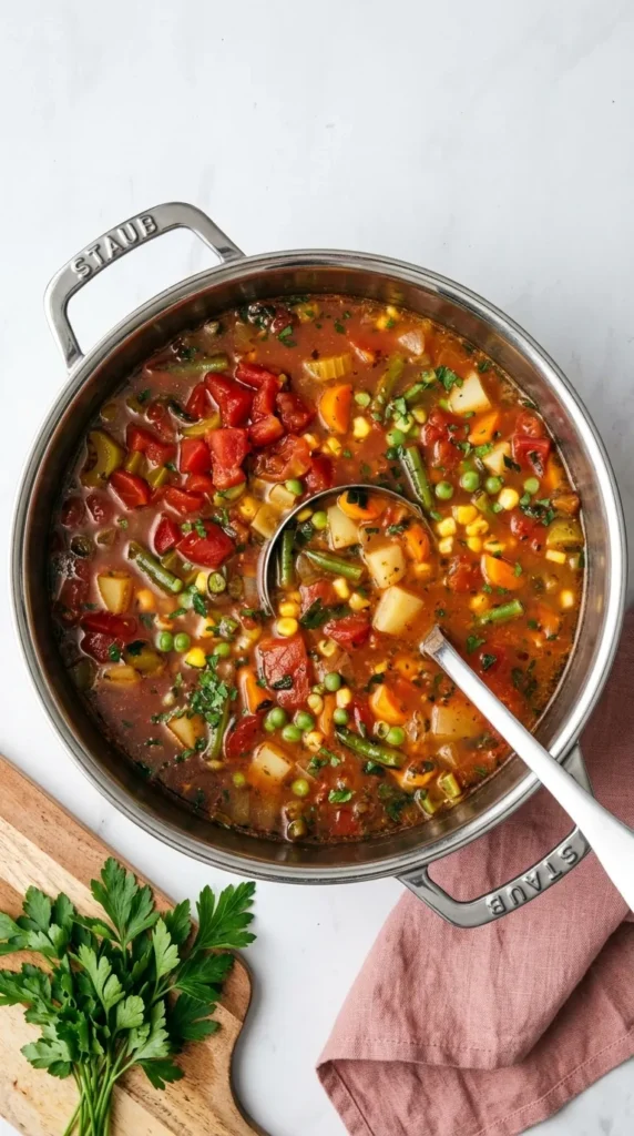 Easy Vegetable Soup Recipe : Simple, Happy Comfort 10 Finished Easy Vegetable Soup with potatoes, carrots, green beans, peas, corn, tomatoes, and parsley